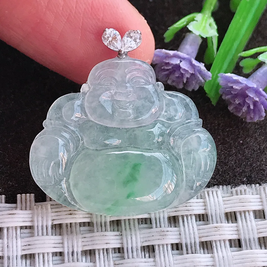 实拍A货翡翠22.6/26.5/4.9老坑18k金镶嵌冰胶飘绿佛公吊坠翡翠挂件