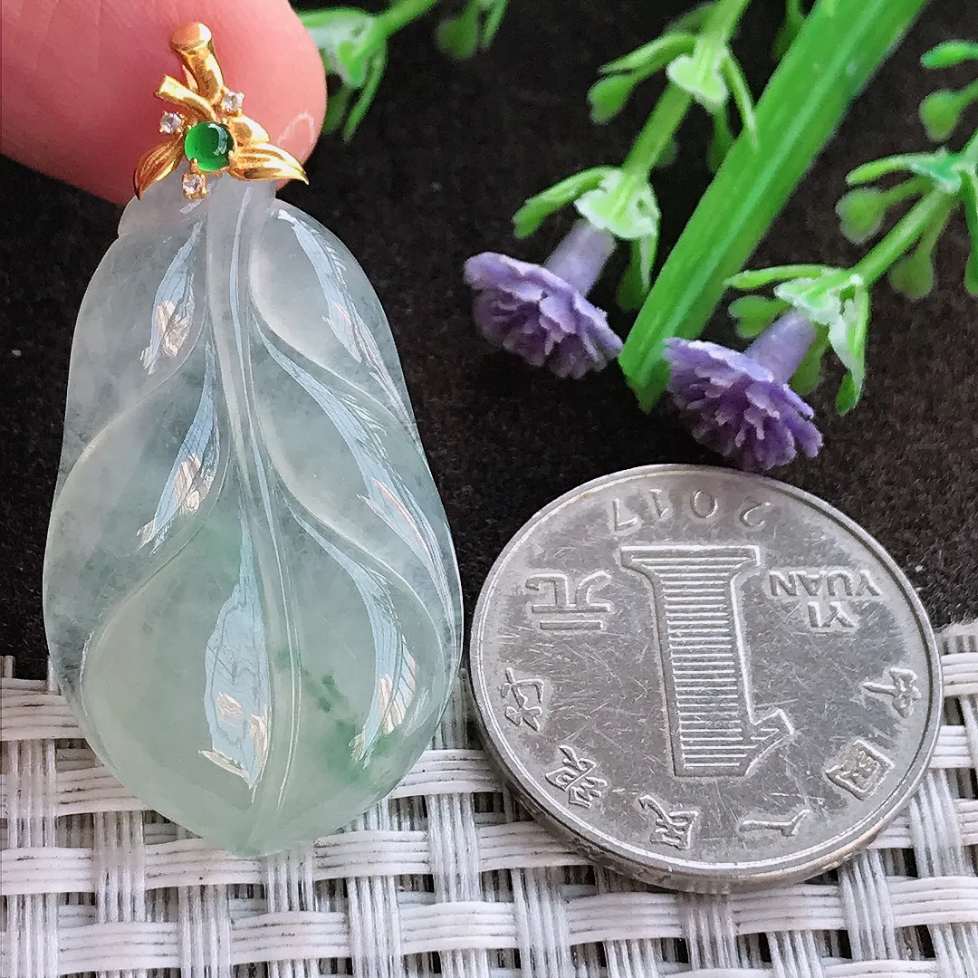 实拍A货翡翠35.6/20.7/4.6老坑18k金镶嵌冰胶果冻冰晴叶子吊坠翡翠挂件