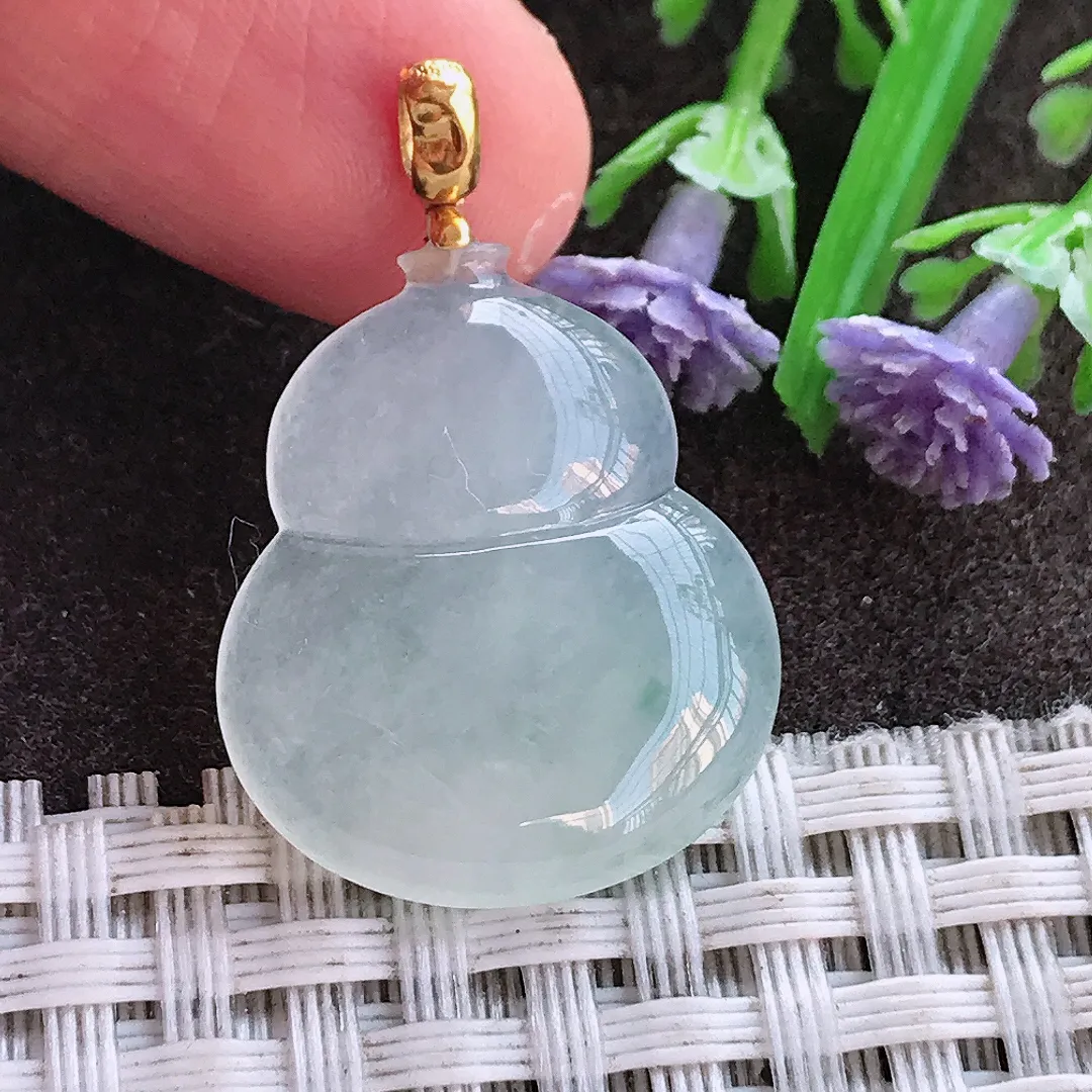 实拍A货翡翠24/20.2/4.4老坑18k金镶嵌冰透起胶葫芦吊坠翡翠挂件