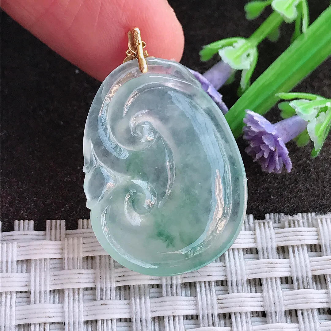 实拍A货翡翠27/20.2/4.8老坑18k金镶嵌冰飘花如意吊坠翡翠挂件