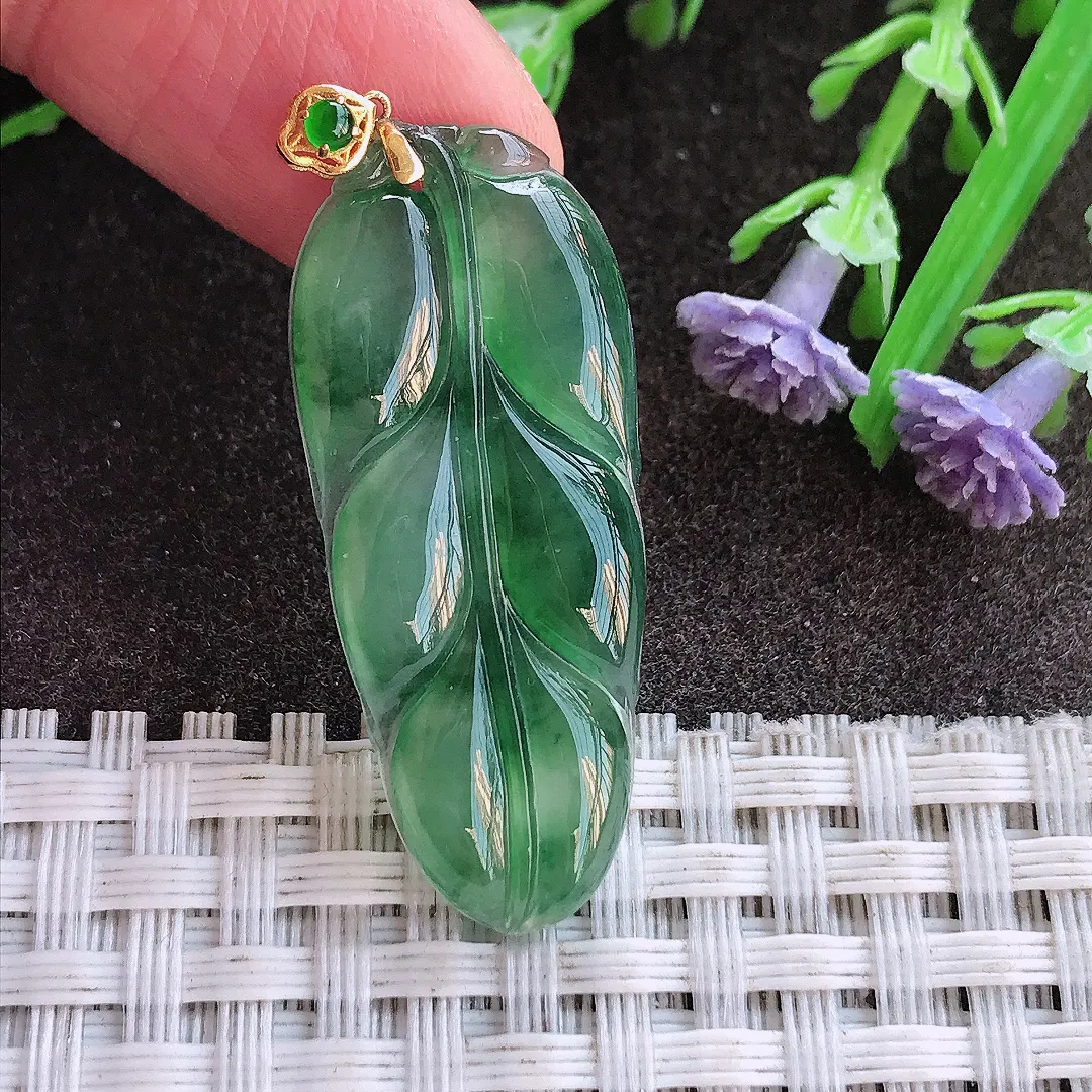 实拍A货翡翠35.6/15/3.7老坑18k金镶嵌冰果冻飘花叶子吊坠翡翠挂件