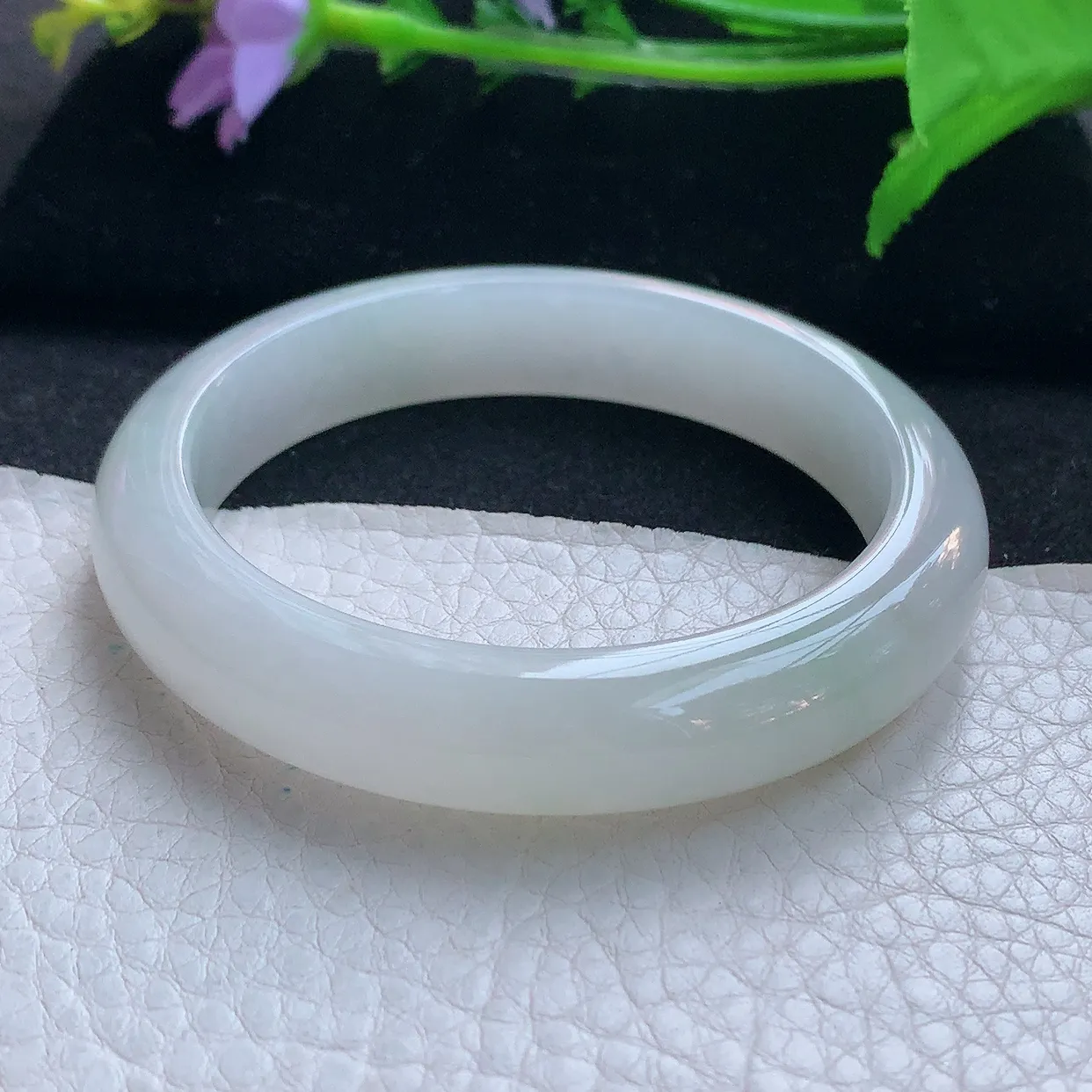 n实拍54.5*11.8*8平安镯 天然缅甸翡翠玉手镯冰胶白月光宽边玉手环