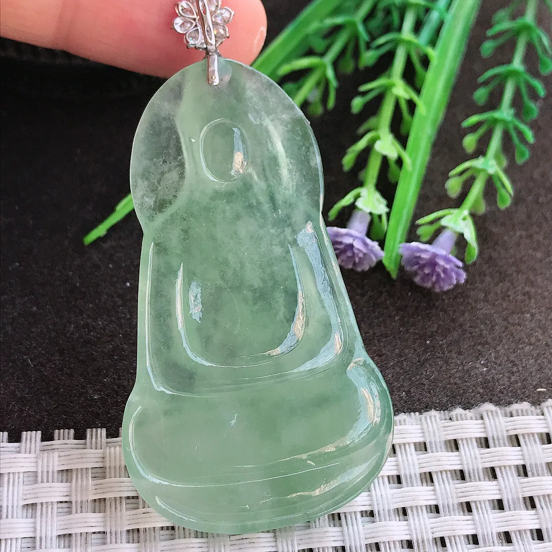 实拍A货翡翠56.6/33/5.5老坑18k金镶嵌冰种冰晴绿素衣观音吊坠翡翠玉观音