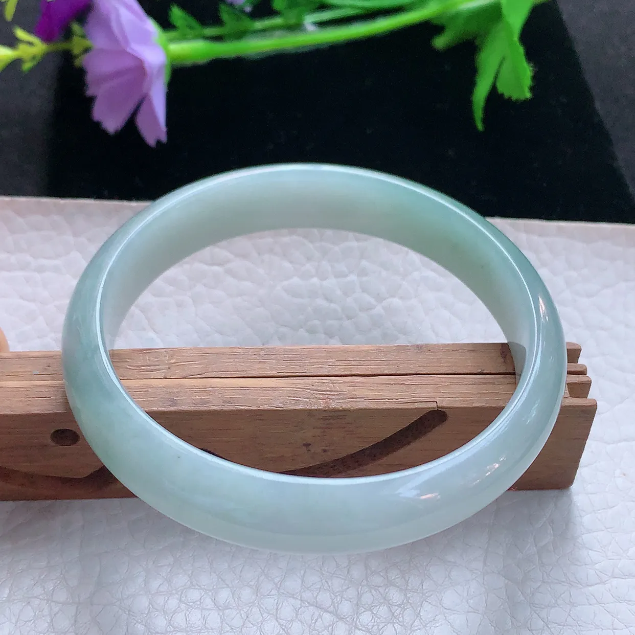 js大圈口60*12.3*7.3平安镯 天然缅甸翡翠玉手镯清新蓝韵水润宽边玉手环