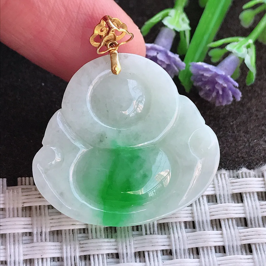 实拍A货翡翠25.8/28.6/5.2老坑18k金镶嵌飘阳绿佛公吊坠翡翠玉佛挂件