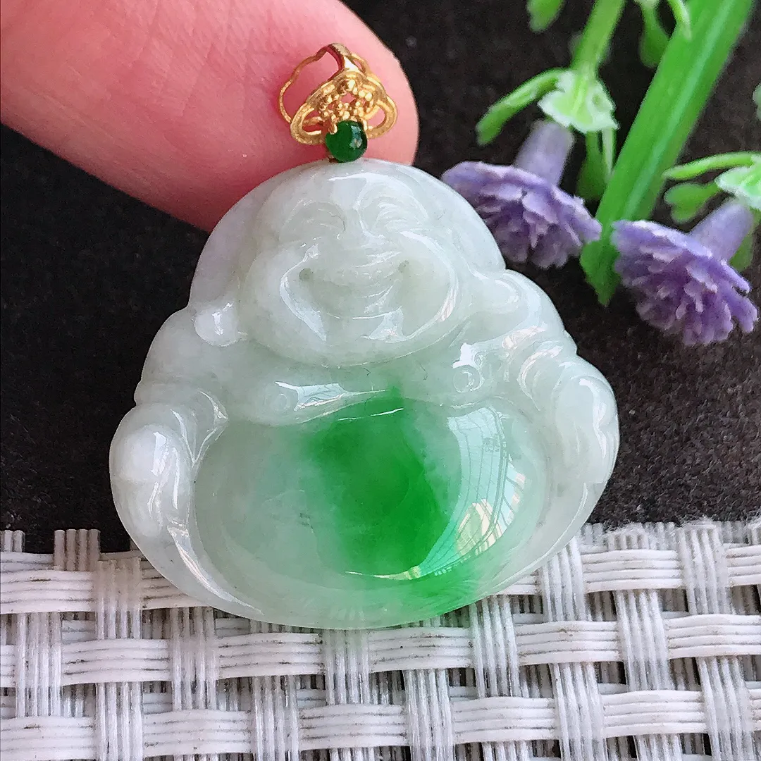 实拍A货翡翠25.8/28.6/5.2老坑18k金镶嵌飘阳绿佛公吊坠翡翠玉佛挂件