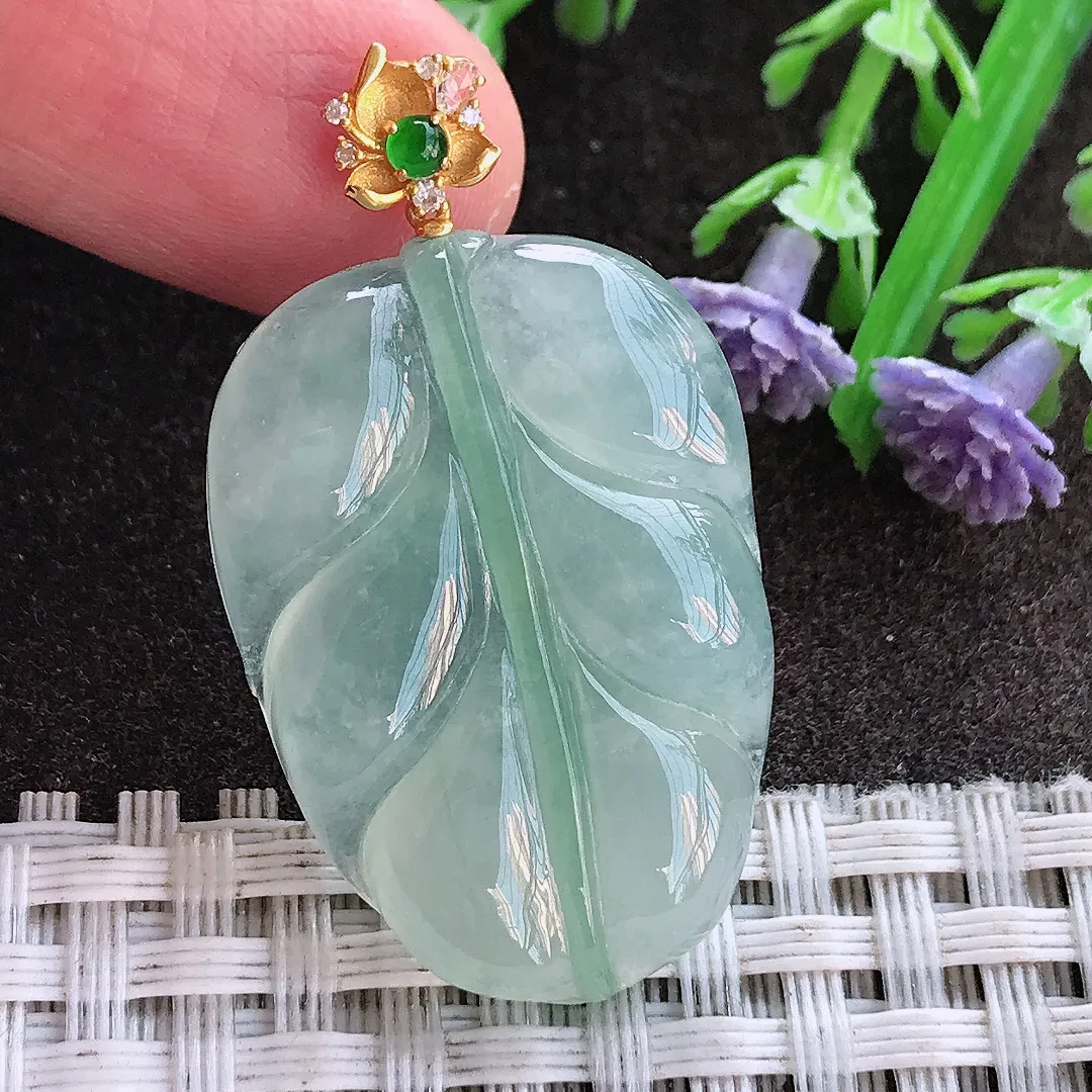 实拍A货翡翠31.2/22.2/5.5老坑18k金镶嵌冰胶冰晴叶子吊坠翡翠挂件