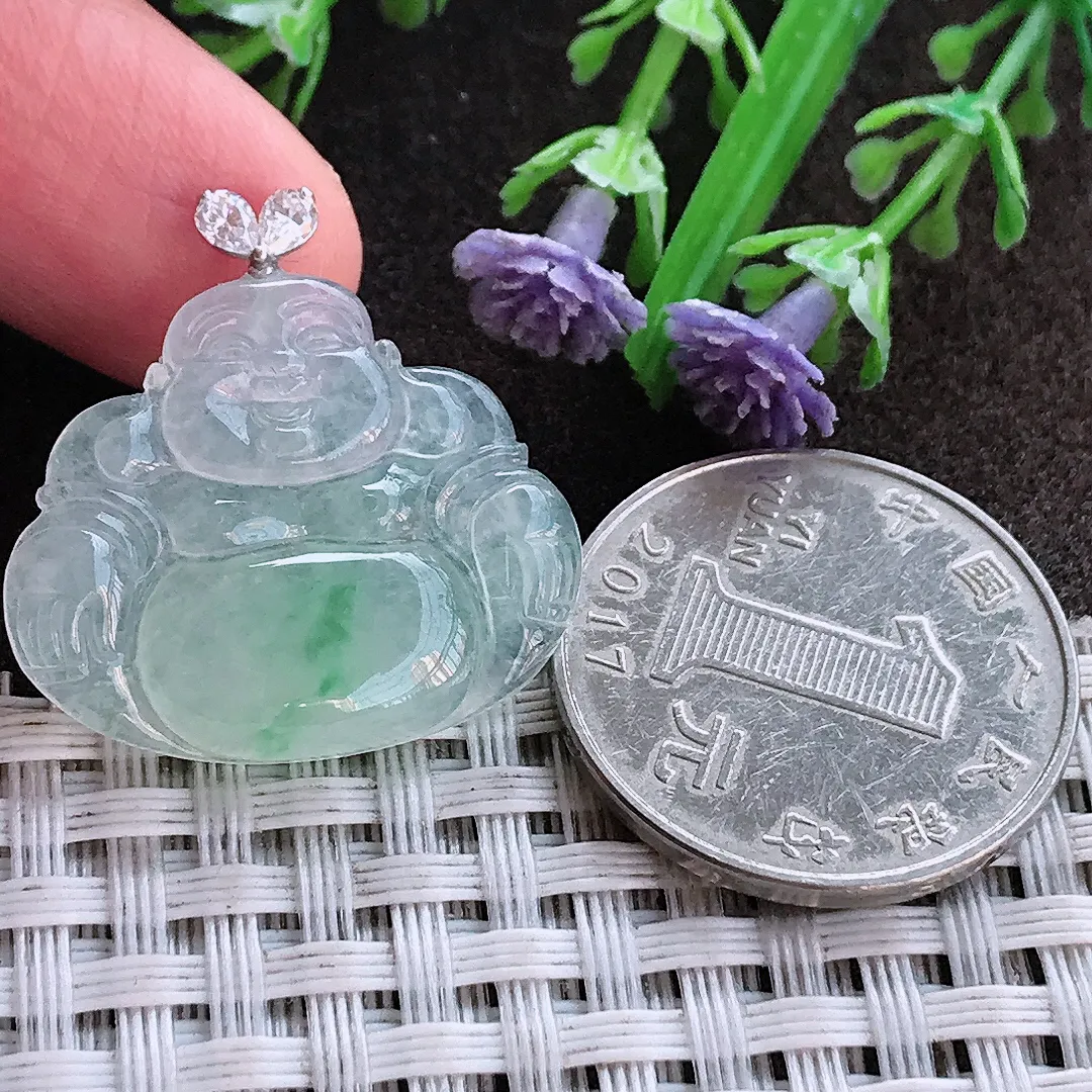 实拍A货翡翠22.6/26.5/4.9老坑18k金镶嵌冰胶飘绿佛公吊坠翡翠挂件