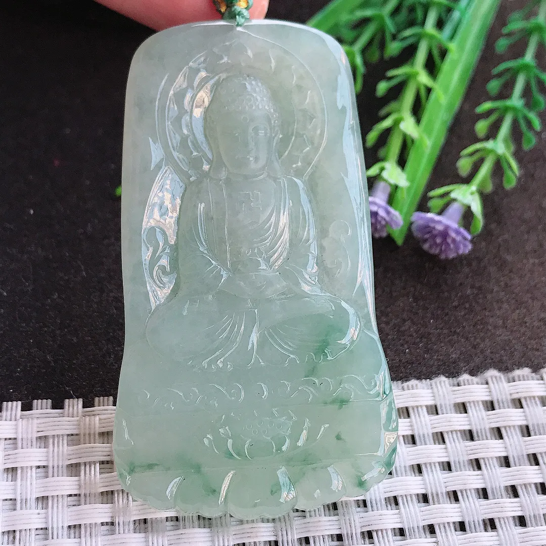 实拍A货翡翠65/36.3/5.6老坑冰润起胶飘花如来佛祖吊坠翡翠挂件
