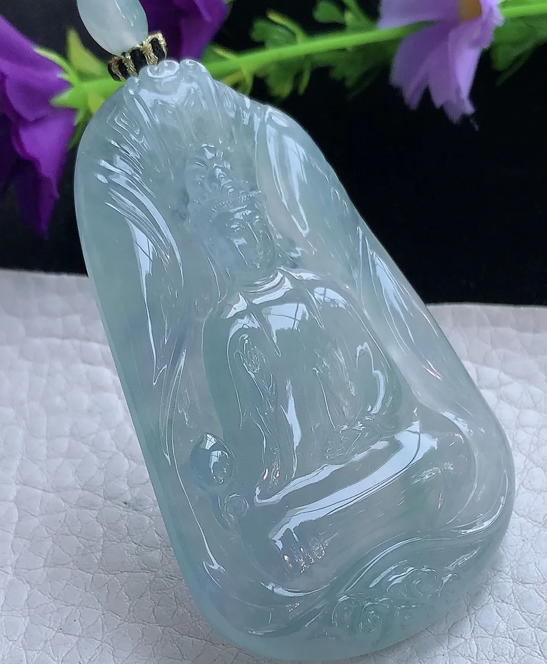 yl实拍66.5*42.5*7.2缅甸翡翠冰蓝持瓶观音 玉观音玉吊坠 玉挂件