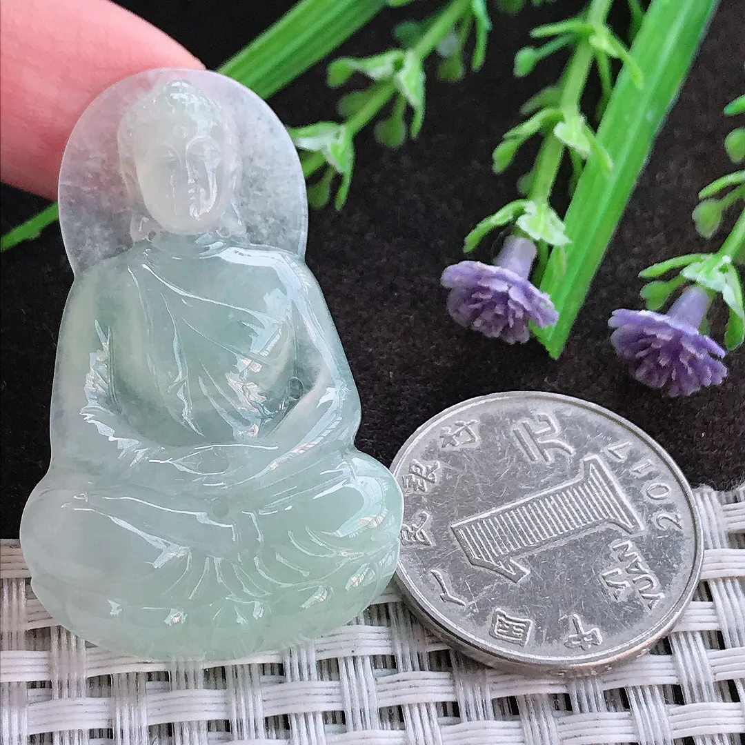 实拍A货翡翠45/28/5.3老坑冰润起胶冰晴如来佛祖吊坠翡翠挂件