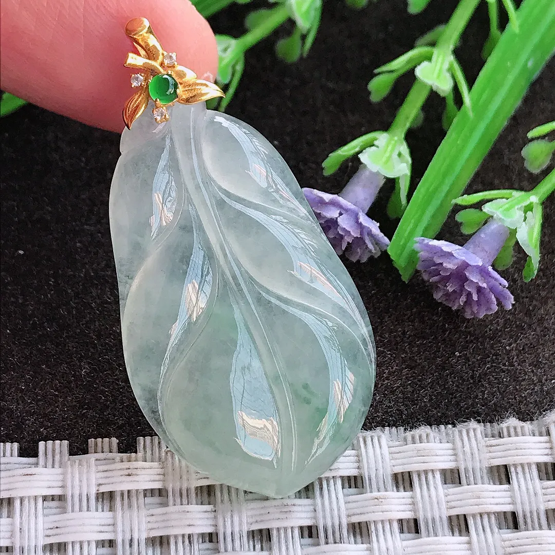 实拍A货翡翠35.6/20.7/4.6老坑18k金镶嵌冰胶果冻冰晴叶子吊坠翡翠挂件