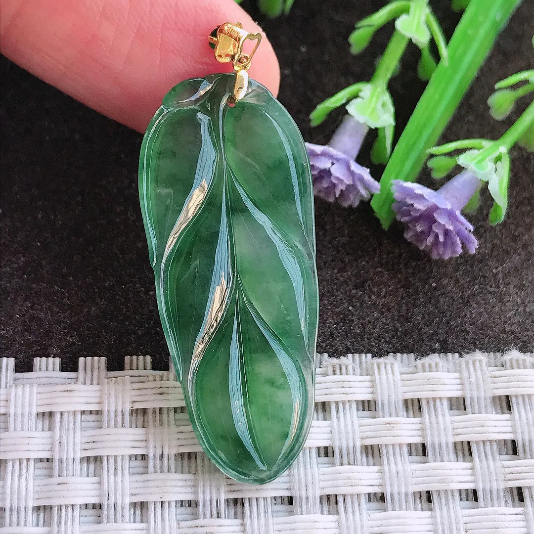 实拍A货翡翠35.6/15/3.7老坑18k金镶嵌冰果冻飘花叶子吊坠翡翠挂件