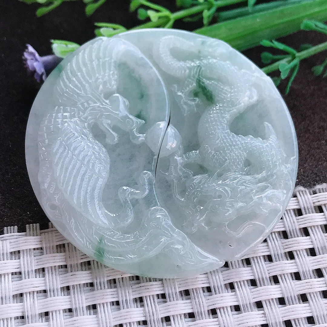 实拍A货翡翠52.2/26.5/5.6老坑秀气温润飘花龙凤对吊坠翡翠龙凤牌挂件