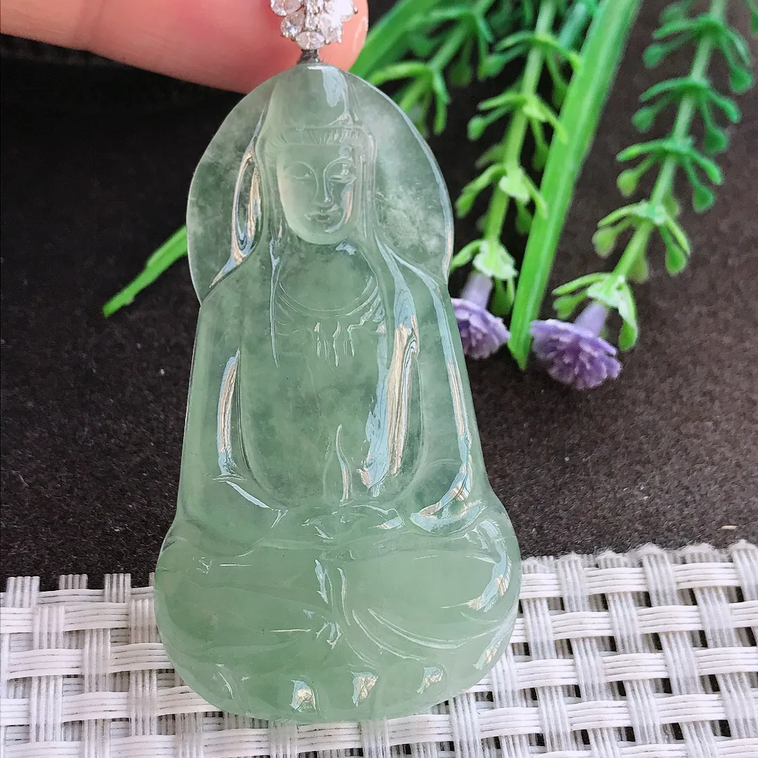 实拍A货翡翠56.6/33/5.5老坑18k金镶嵌冰种冰晴绿素衣观音吊坠翡翠玉观音