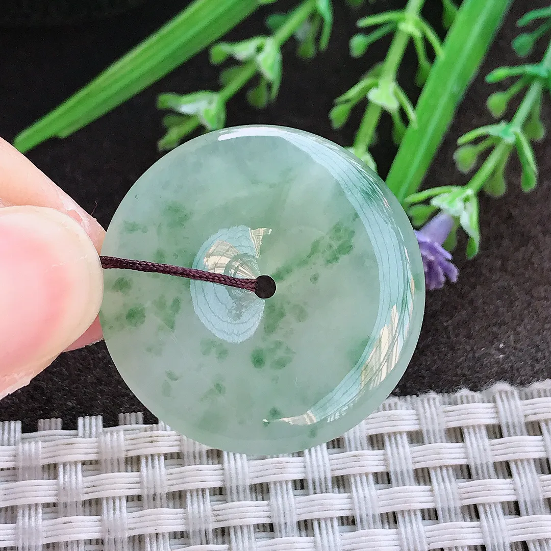 实拍A货翡翠30.3/5.2老坑冰胶果冻冰飘花平安扣吊坠翡翠挂件