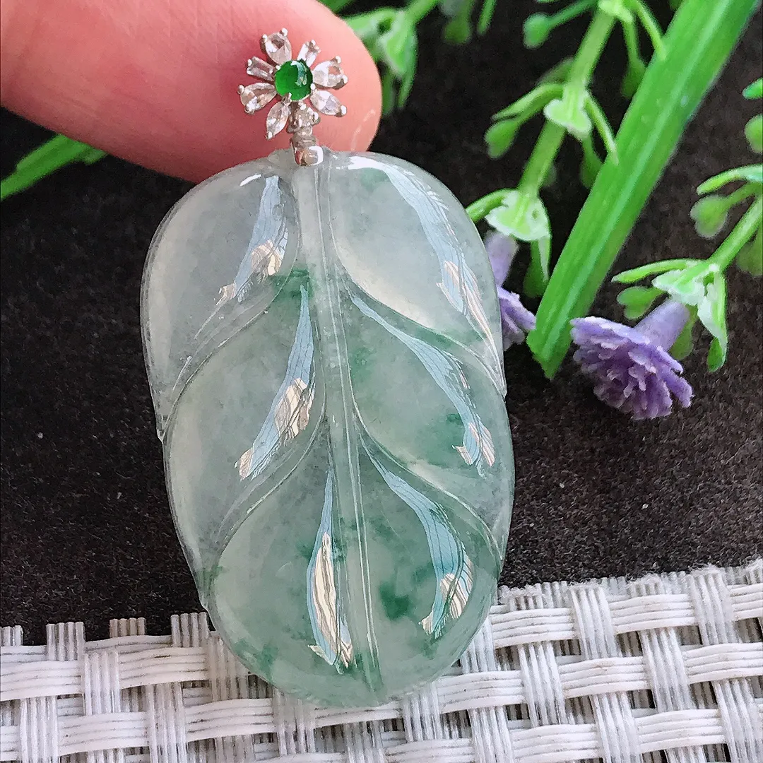 实拍A货翡翠36.5/24/5.5老坑18k金镶嵌冰种飘花叶子吊坠翡翠挂件