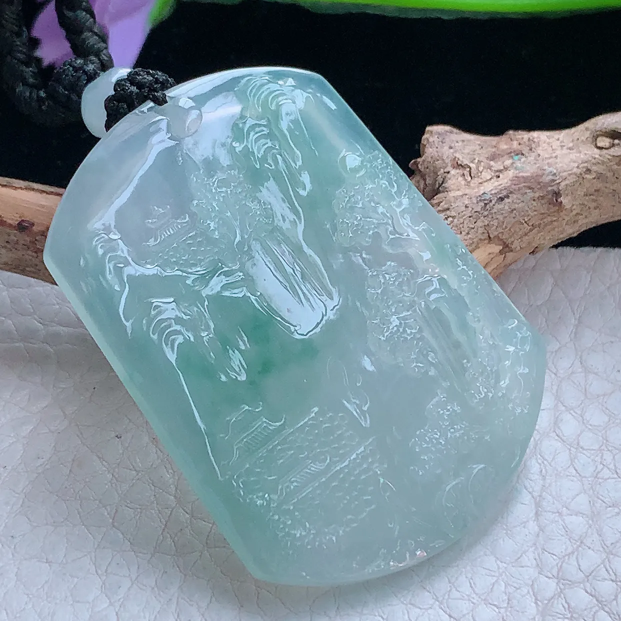 yl实拍52.640*4.5缅甸翡翠冰飘花山水 大好河山玉吊坠 玉挂件