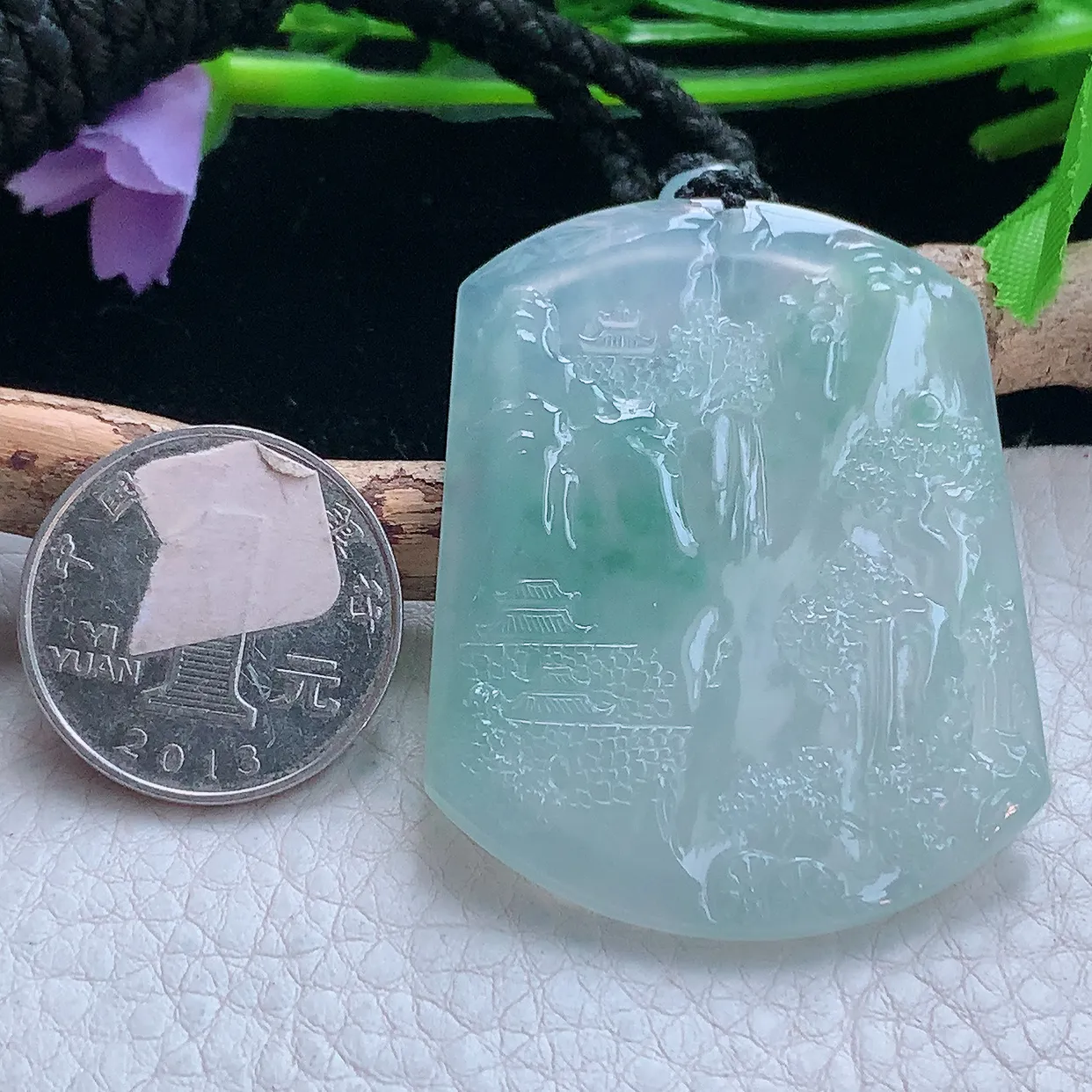 yl实拍52.640*4.5缅甸翡翠冰飘花山水 大好河山玉吊坠 玉挂件