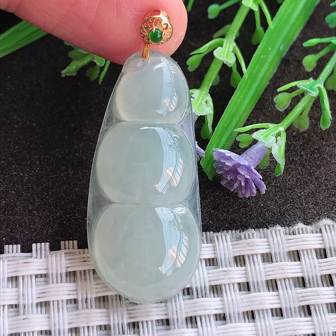 实拍A货翡翠36.5/16.5/5.5老坑18k金镶嵌冰胶水灵冰晴四季豆吊坠翡翠挂件