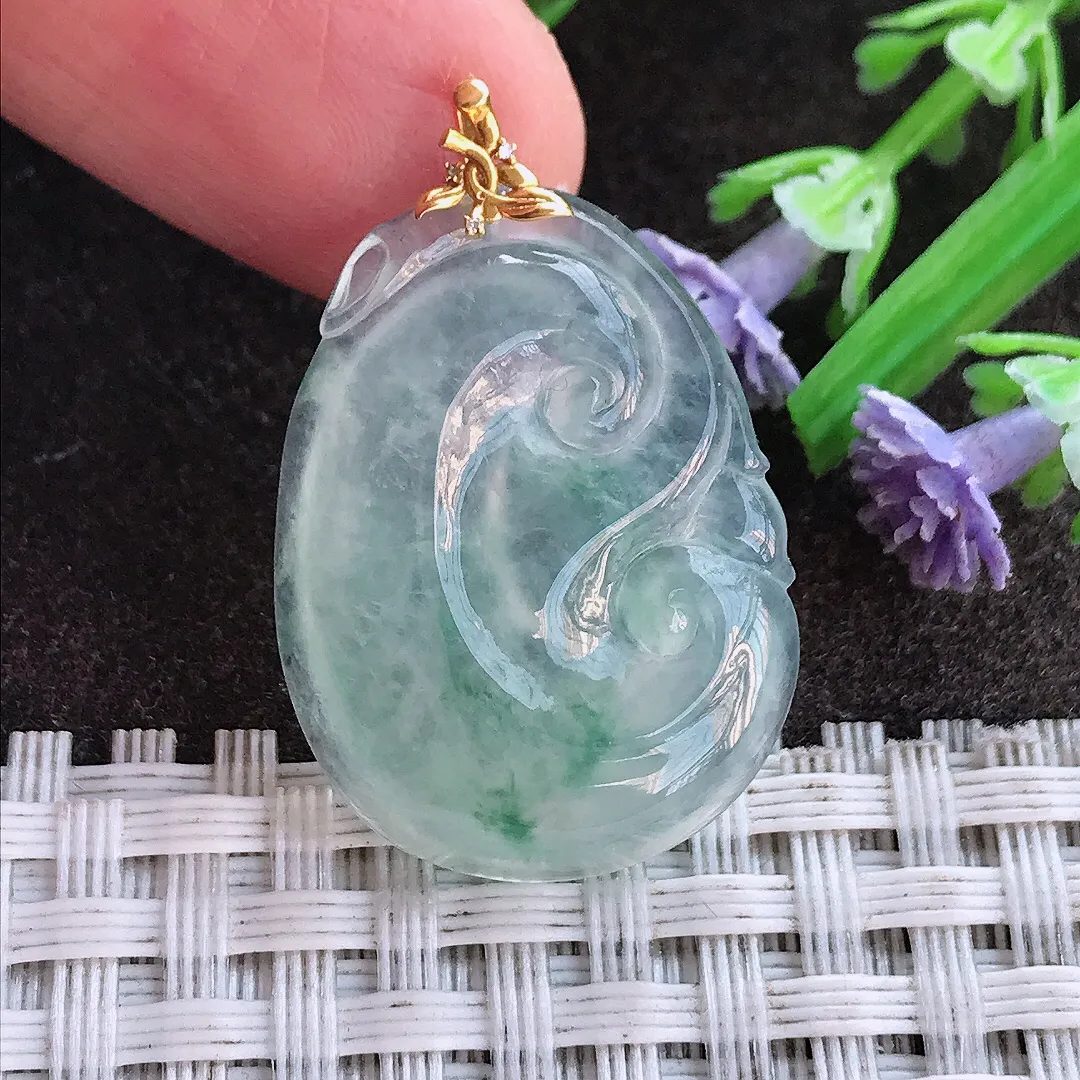 实拍A货翡翠27/20.2/4.8老坑18k金镶嵌冰飘花如意吊坠翡翠挂件