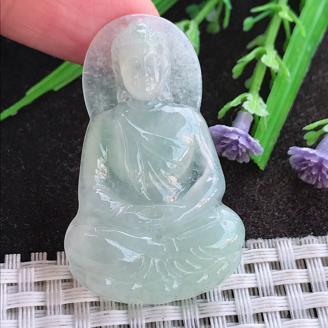 实拍A货翡翠45/28/5.3老坑冰润起胶冰晴如来佛祖吊坠翡翠挂件