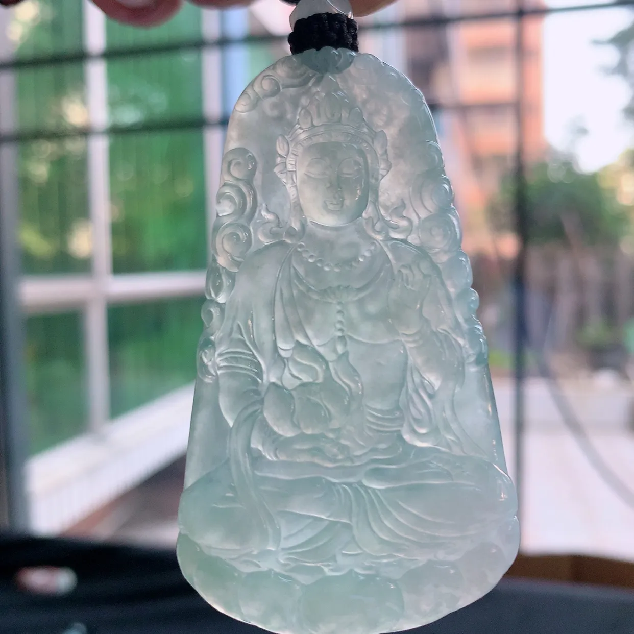 yl实拍67.5*38.5*5.8缅甸翡翠冰蓝度母观音玉吊坠 玉挂件