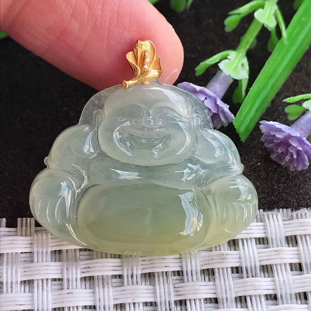 实拍A货翡翠24.2/31.8/4.5老坑18k金镶嵌冰种冰黄翡佛公吊坠翡翠挂件