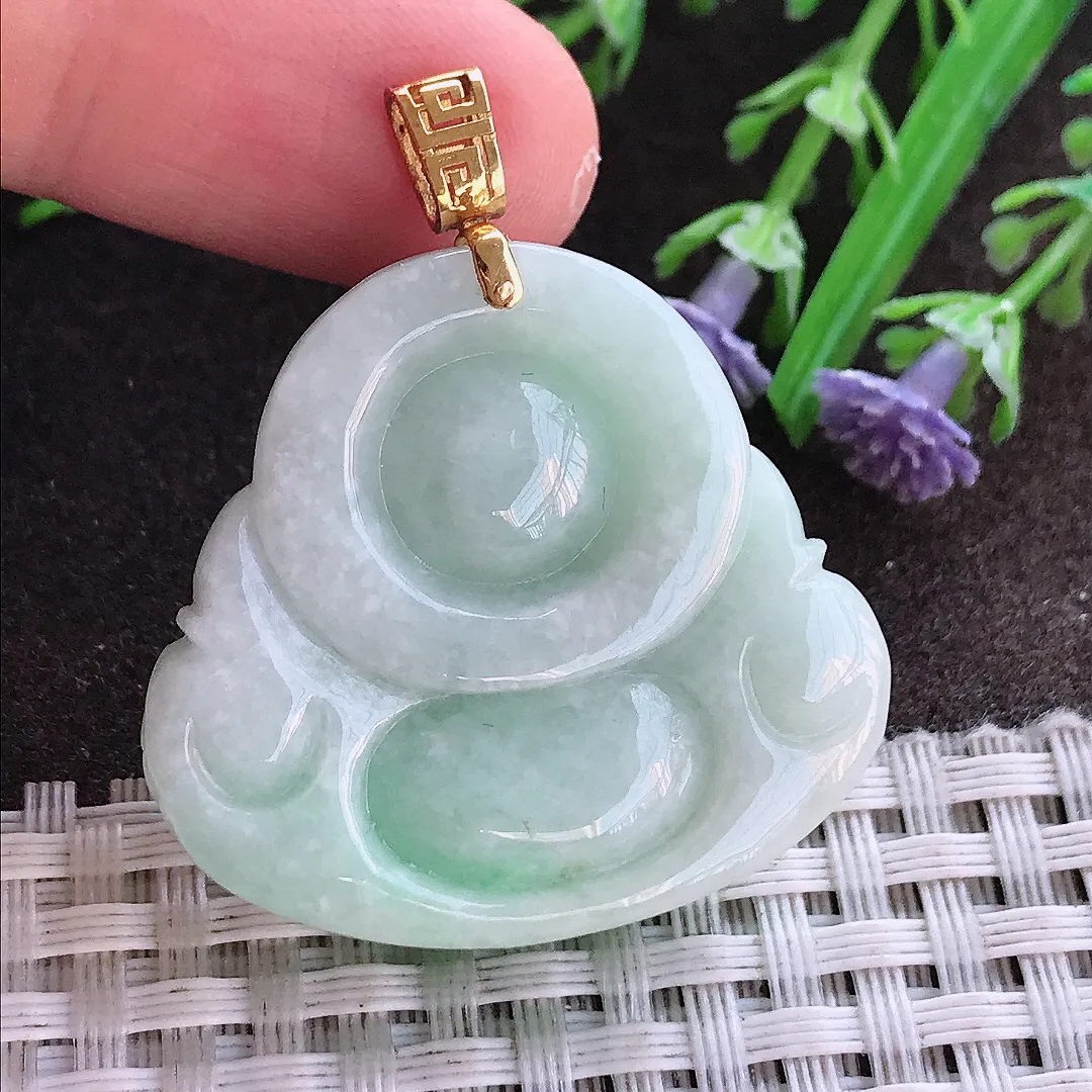 实拍A货翡翠31.8/34.7/12老坑18k金飘阳绿大佛公吊坠翡翠玉佛挂件