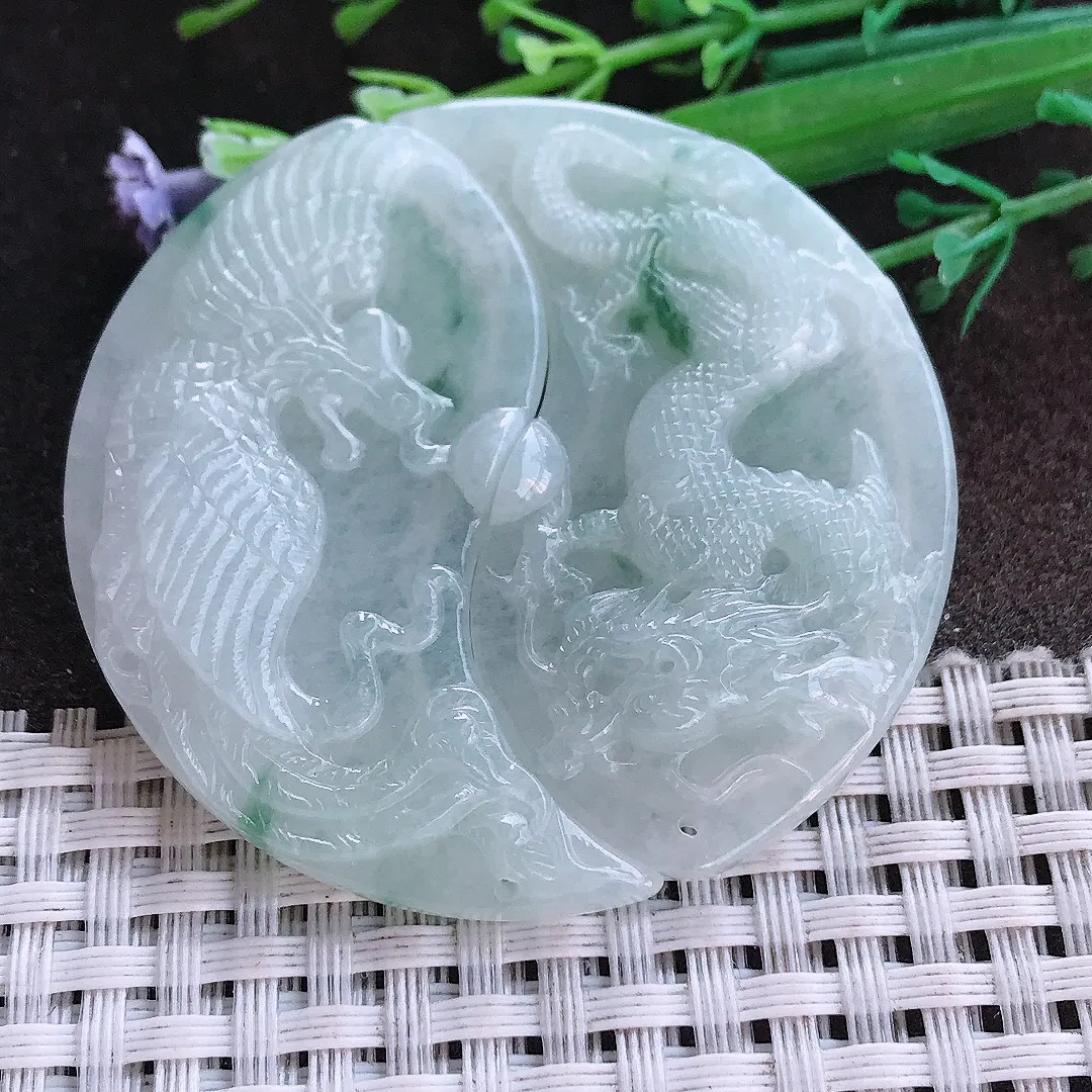 实拍A货翡翠52.2/26.5/5.6老坑秀气温润飘花龙凤对吊坠翡翠龙凤牌挂件