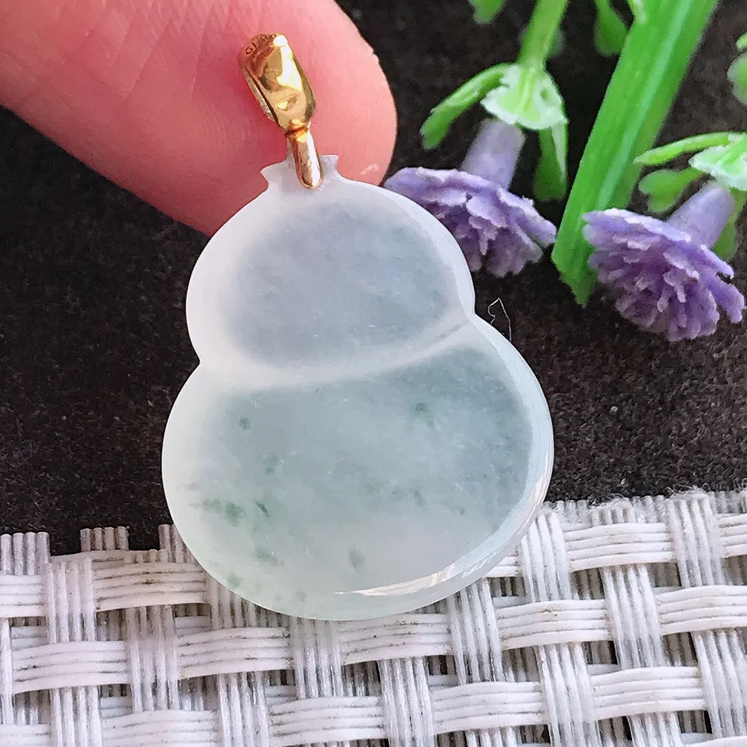 实拍A货翡翠24/20.2/4.4老坑18k金镶嵌冰透起胶葫芦吊坠翡翠挂件