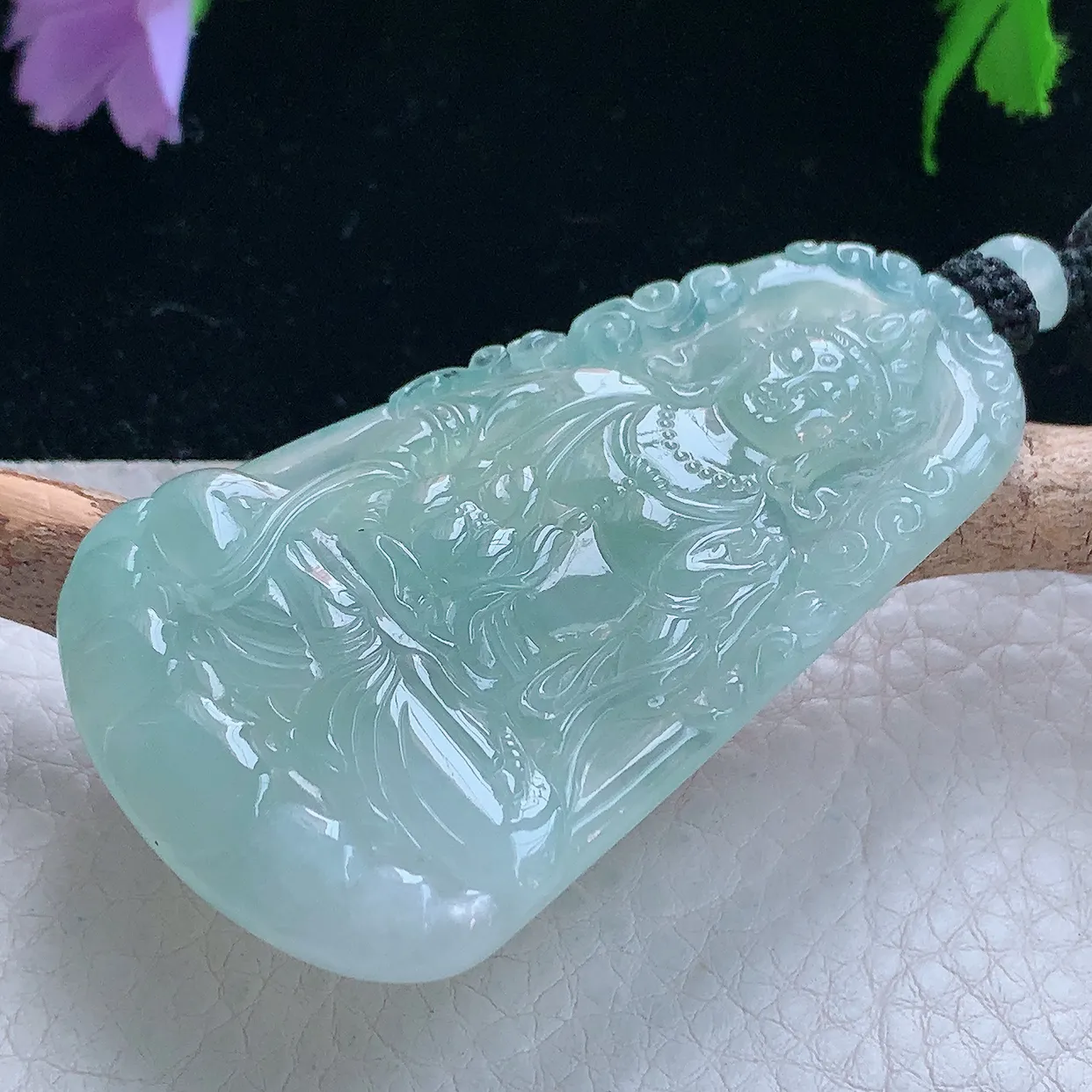 yl实拍67.5*38.5*5.8缅甸翡翠冰蓝度母观音玉吊坠 玉挂件