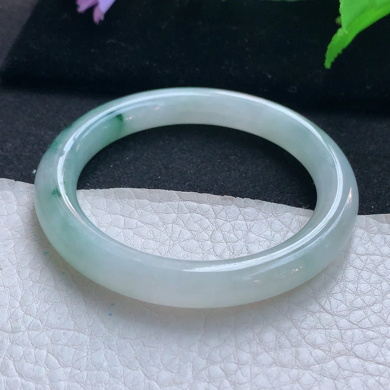 ee实拍53.8*9美人镯 天然缅甸翡翠玉手镯冰飘花圆条玉手环 叮当镯