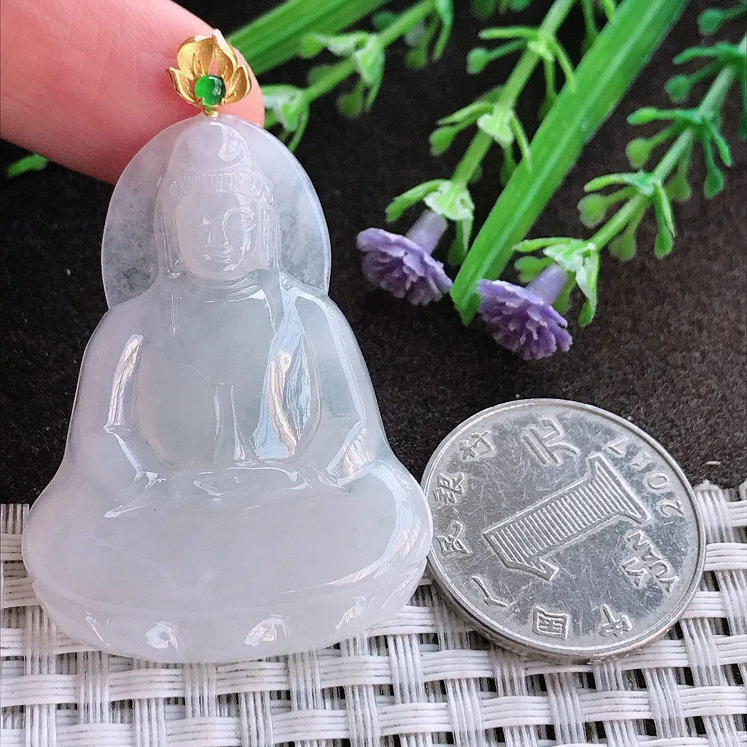 实拍A货翡翠44/32.8/4.7老坑18k金镶嵌冰润起胶月光白素衣观音吊坠翡翠挂件