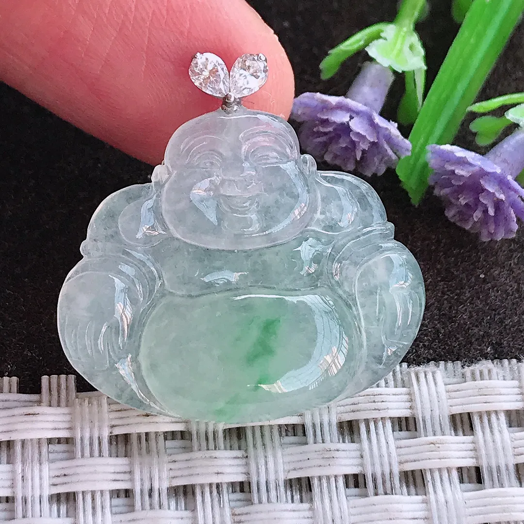 实拍A货翡翠22.6/26.5/4.9老坑18k金镶嵌冰胶飘绿佛公吊坠翡翠挂件