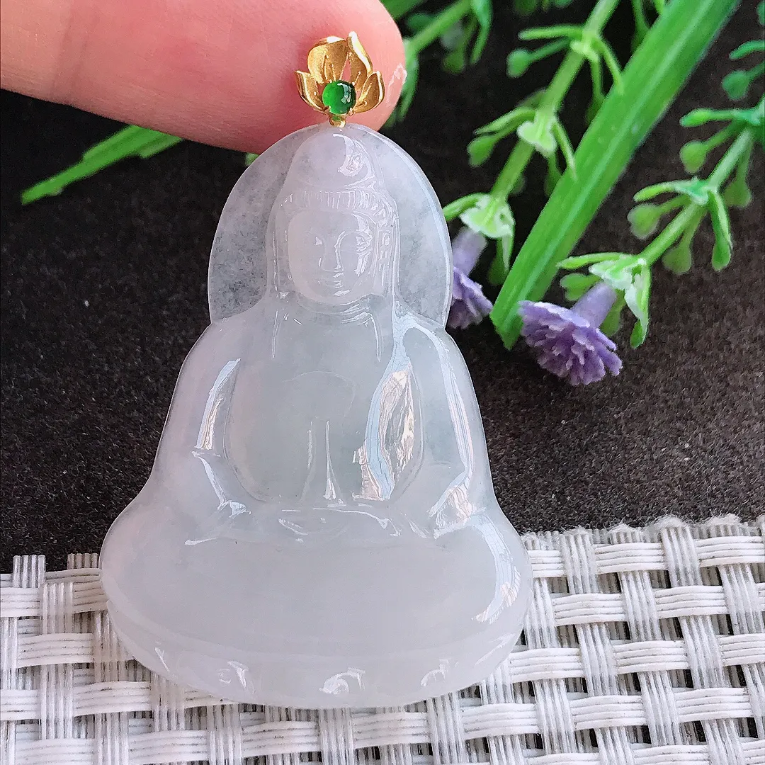 实拍A货翡翠44/32.8/4.7老坑18k金镶嵌冰润起胶月光白素衣观音吊坠翡翠挂件