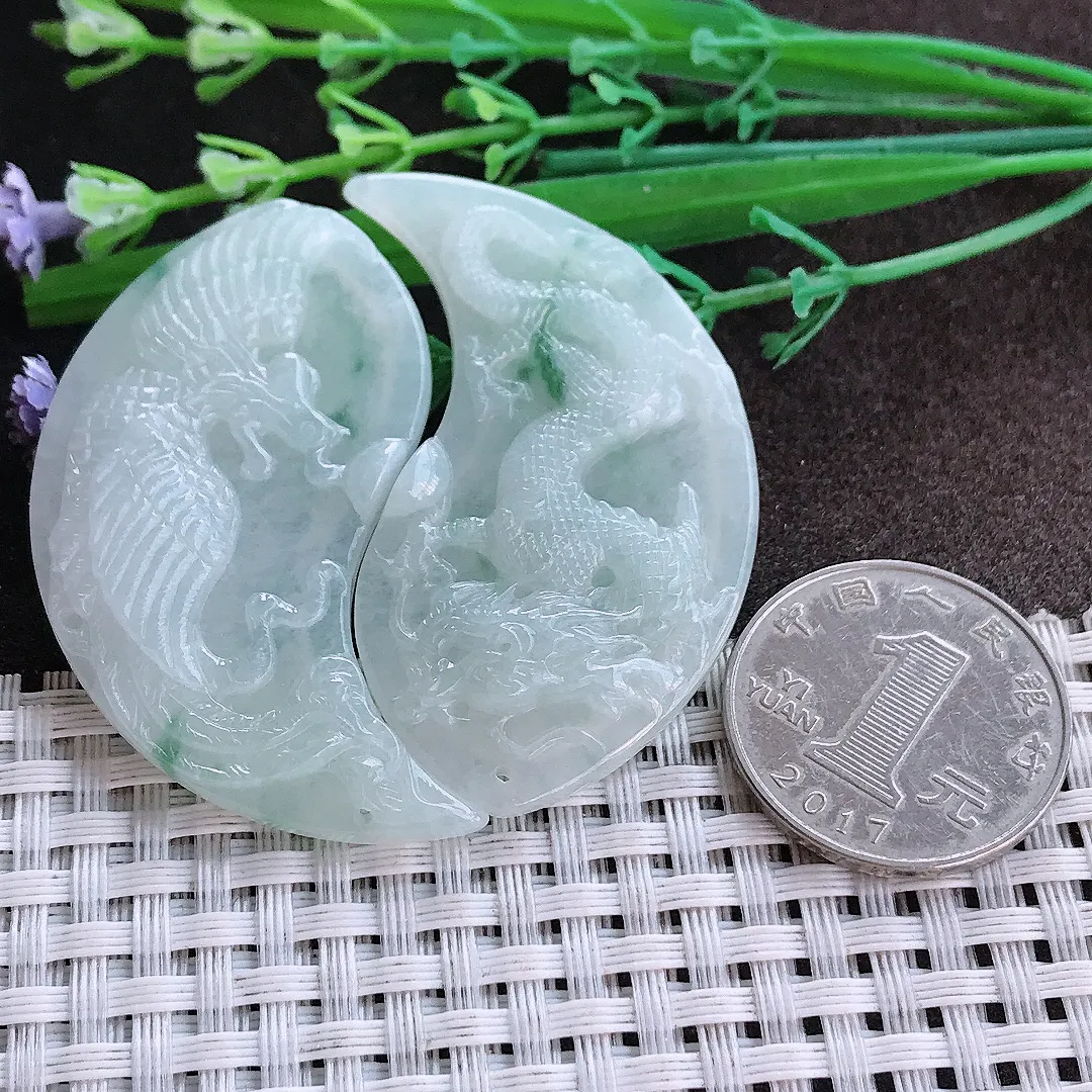 实拍A货翡翠52.2/26.5/5.6老坑秀气温润飘花龙凤对吊坠翡翠龙凤牌挂件