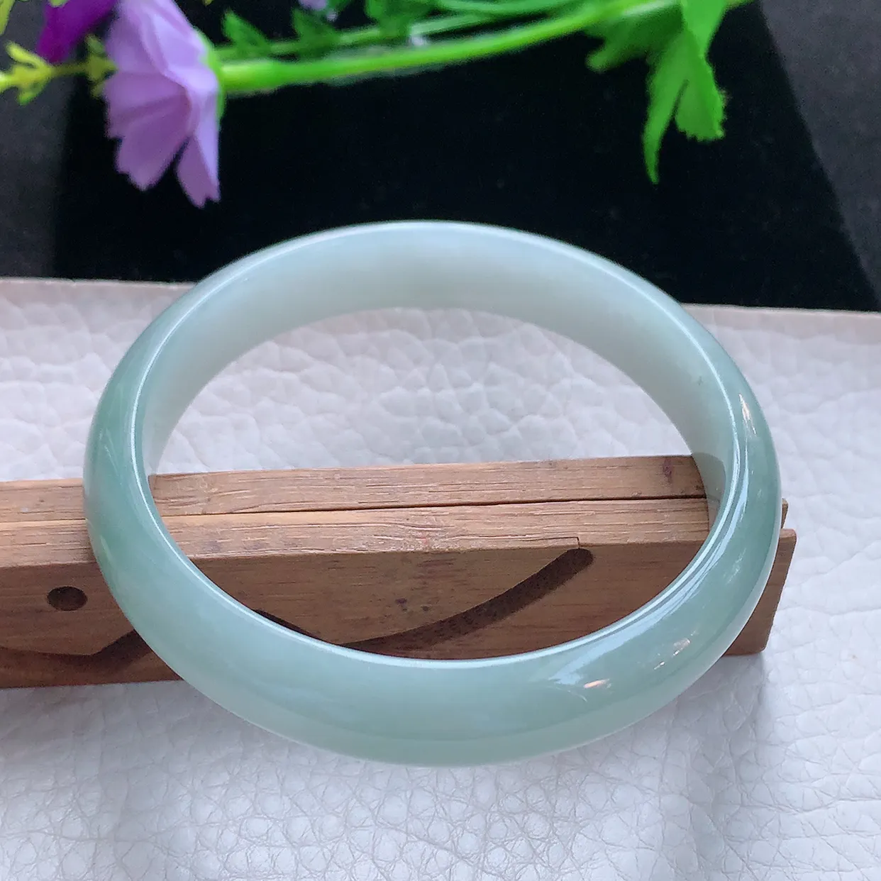 js大圈口60*12.3*7.3平安镯 天然缅甸翡翠玉手镯清新蓝韵水润宽边玉手环