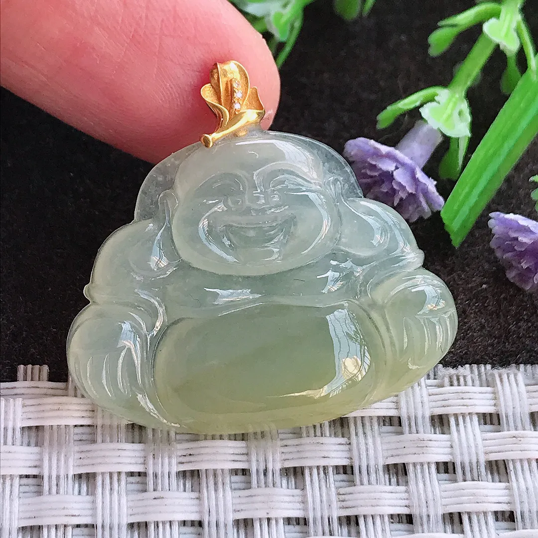 实拍A货翡翠24.2/31.8/4.5老坑18k金镶嵌冰种冰黄翡佛公吊坠翡翠挂件