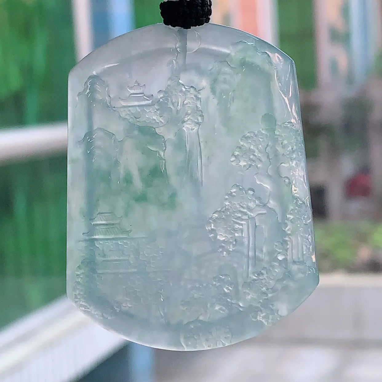 yl实拍52.640*4.5缅甸翡翠冰飘花山水 大好河山玉吊坠 玉挂件