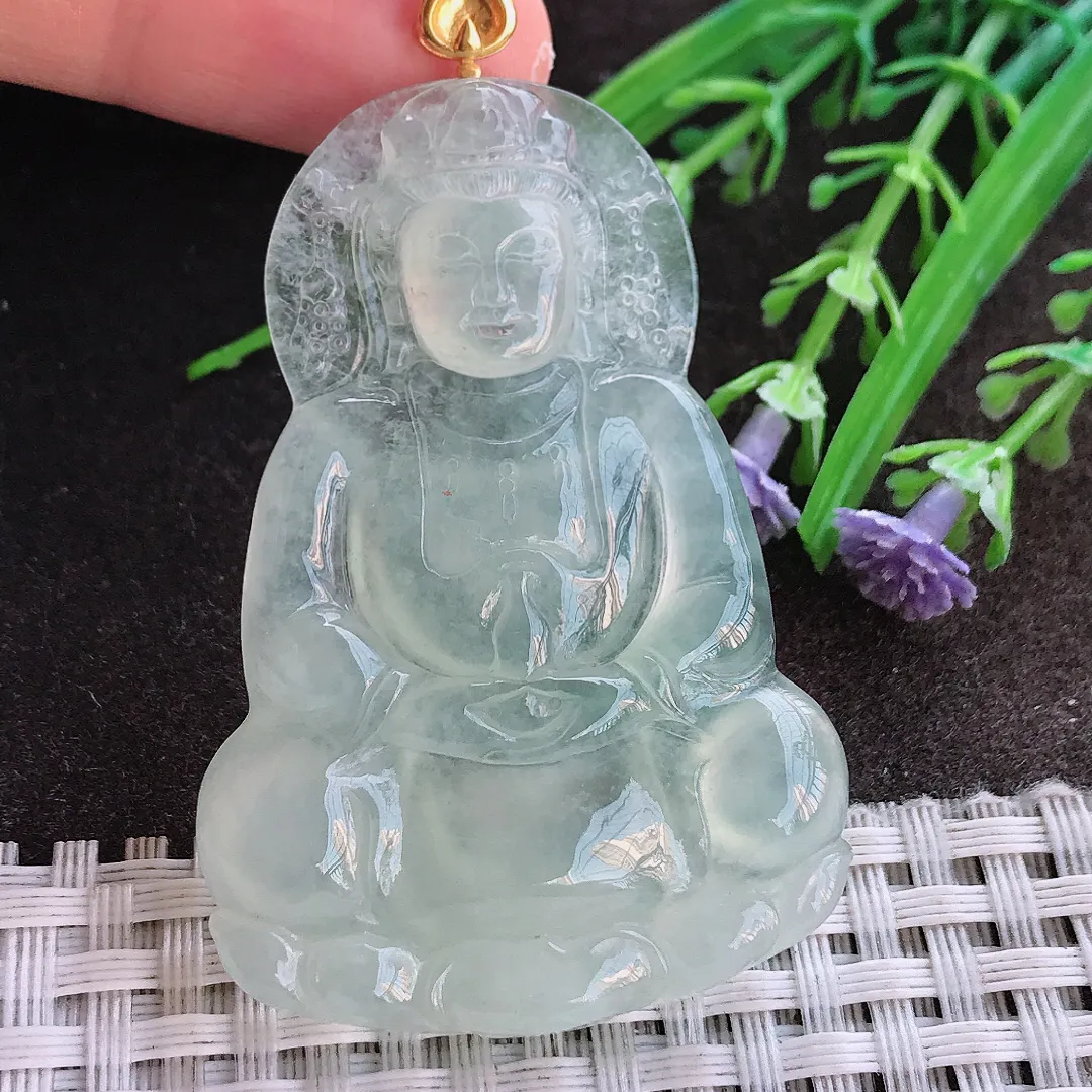 实拍A货翡翠54/38/5.8老坑18k金镶嵌冰种冰晴正装观音吊坠翡翠挂件