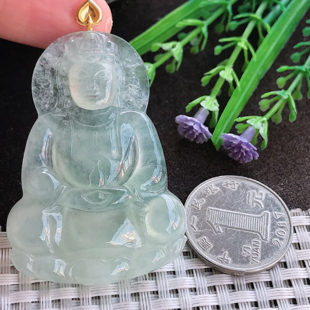实拍A货翡翠54/38/5.8老坑18k金镶嵌冰种冰晴正装观音吊坠翡翠挂件