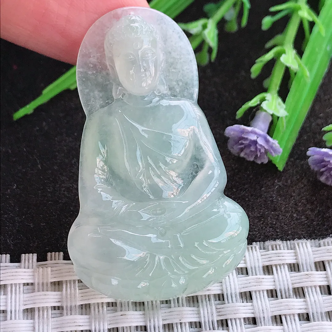 实拍A货翡翠45/28/5.3老坑冰润起胶冰晴如来佛祖吊坠翡翠挂件