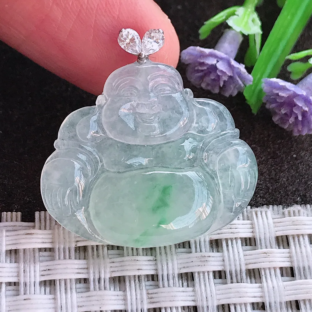 实拍A货翡翠22.6/26.5/4.9老坑18k金镶嵌冰胶飘绿佛公吊坠翡翠挂件