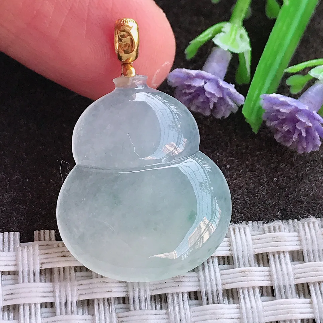 实拍A货翡翠24/20.2/4.4老坑18k金镶嵌冰透起胶葫芦吊坠翡翠挂件