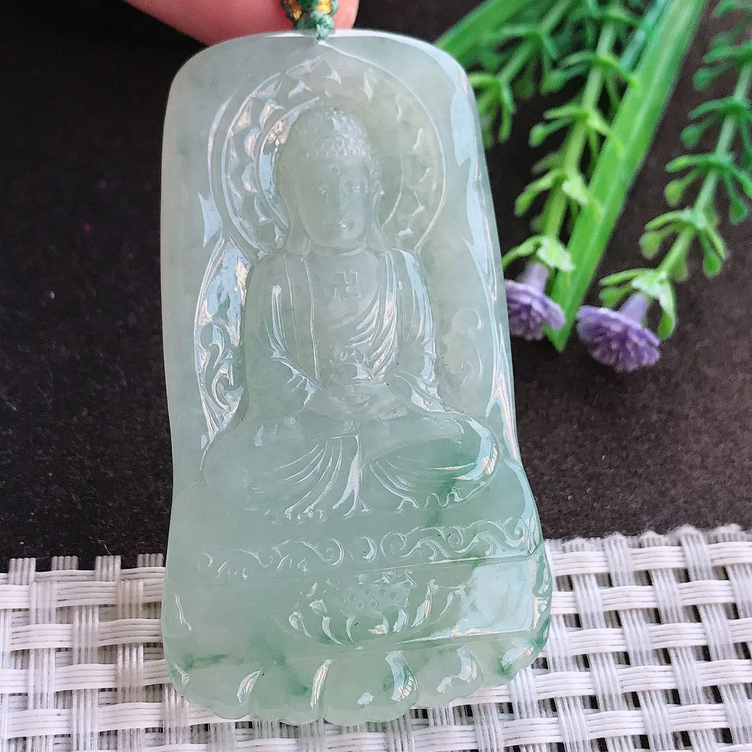 实拍A货翡翠65/36.3/5.6老坑冰润起胶飘花如来佛祖吊坠翡翠挂件