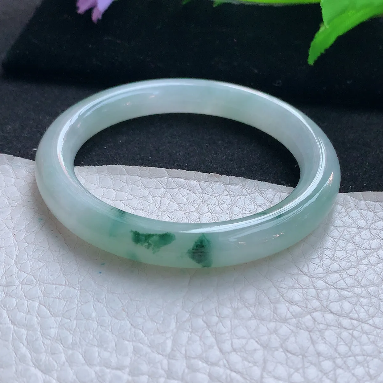 ee实拍53.8*9美人镯 天然缅甸翡翠玉手镯冰飘花圆条玉手环 叮当镯