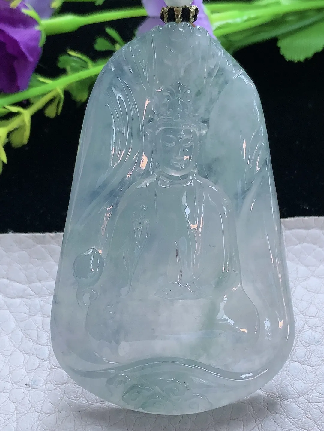 yl实拍66.5*42.5*7.2缅甸翡翠冰蓝持瓶观音 玉观音玉吊坠 玉挂件