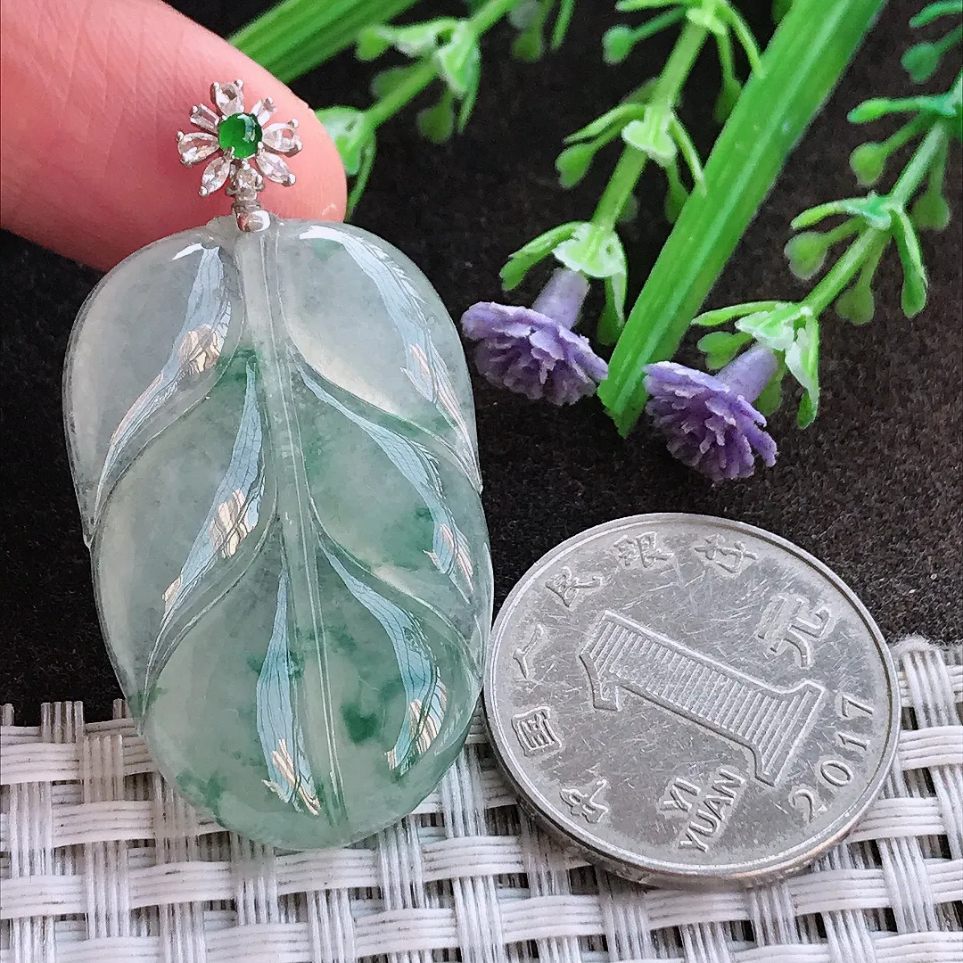 实拍A货翡翠36.5/24/5.5老坑18k金镶嵌冰种飘花叶子吊坠翡翠挂件