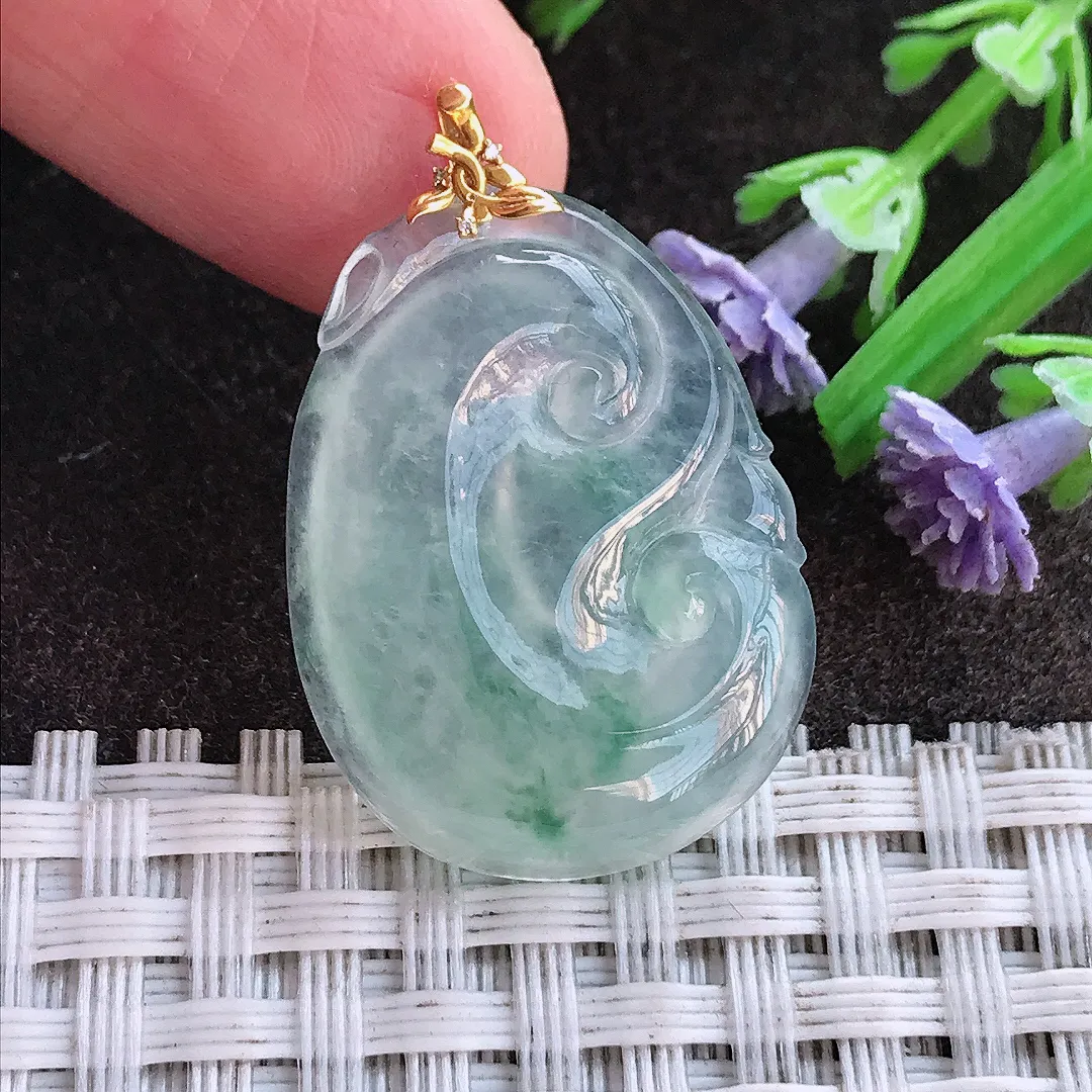 实拍A货翡翠27/20.2/4.8老坑18k金镶嵌冰飘花如意吊坠翡翠挂件